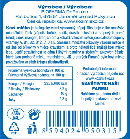 Etiketa - jogurtové kozí mléko vanilkové